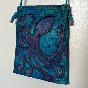 Repurposed Jean Shoulder Bag with Hand Painted Octopus